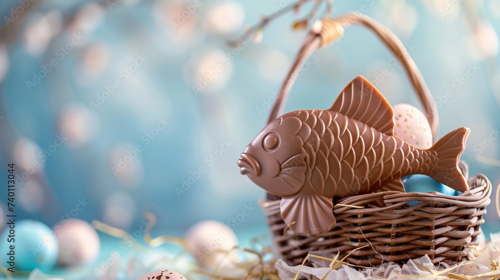 Obraz premium Gros poisson d'avril en chocolat dans un panier d'oeufs de Pâques » IA générative