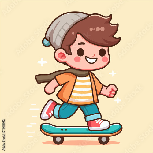 happy little boy skateboarding wearing a sweater and knit hat cartoon character illustration