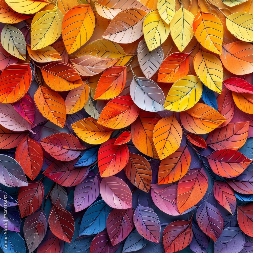 A vivid mosaic of autumn leaves crafted from paper, showcasing a spectrum of warm colors that evoke the cozy essence of fall. A vivid mosaic of autumn leaves crafted from paper, showcasing a spectrum of warm colors that evoke the cozy essence of fall.