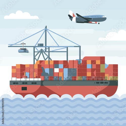 2d vector illustration colorful Land and sea transport techniques, methods and technological tools for transporting and shipping goods and products and logistic 


