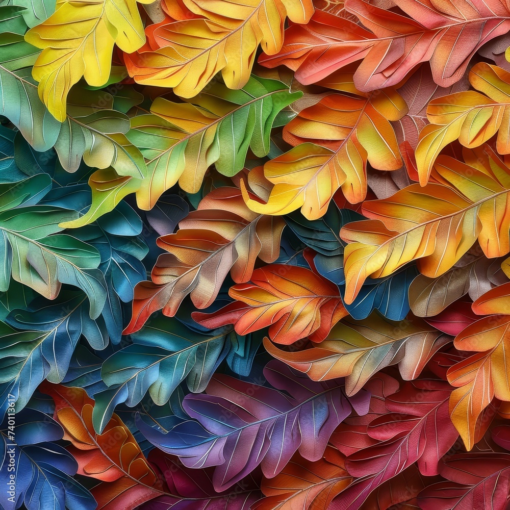 Close-up of a textured pattern of overlapping paper-crafted leaves in a gradient of autumn colors, from warm reds to vibrant yellows and cool blues. Close-up of a textured pattern of overlapping paper-crafted leaves in a gradient of autumn colors, from warm reds to vibrant yellows and cool blues.