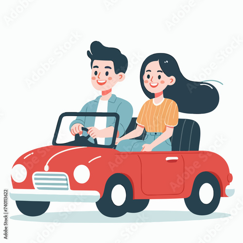young couple dating driving a car cartoon character illustration