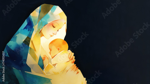 virgin mary and baby jesus isolated on black background - watercolor religion art