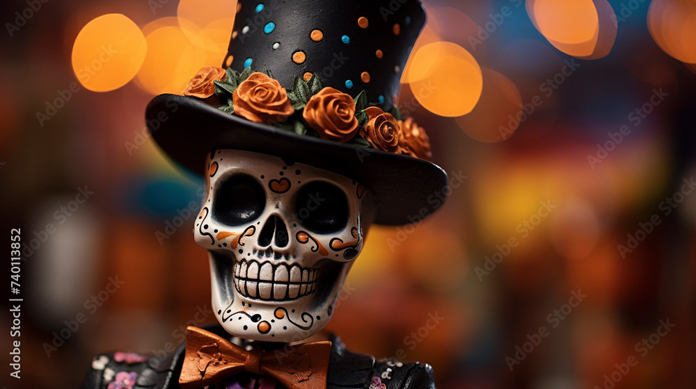 Artful Offerings: Sugar Skull Adorned with Cockscomb and Memories Against a Dreamy Blur, Generative AI Artful Offerings: Sugar Skull Adorned with Cockscomb and Memories Against a Dreamy Blur, Generative AI