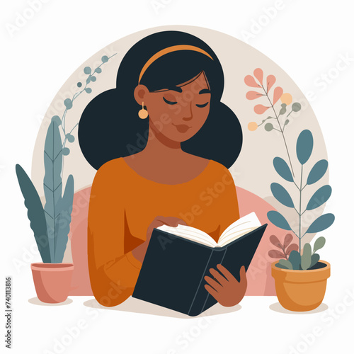 young woman reading a book cartoon character illustration