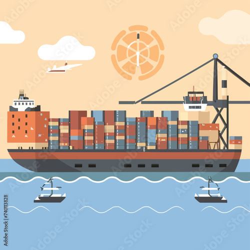 2d vector illustration colorful Land and sea transport techniques, methods and technological tools for transporting and shipping goods and products and logistic 

