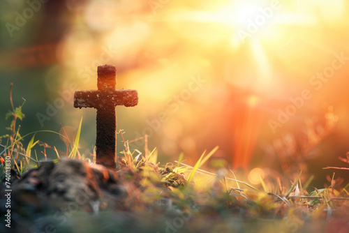 Cross in the grass. A slide background for showcasing Christian Religion. Background image. Created with Generative AI technology