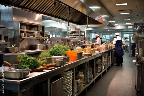 Inside the heart of a busy industrial galley kitchen with chefs at work and an abundance of fresh produce in the backdrop