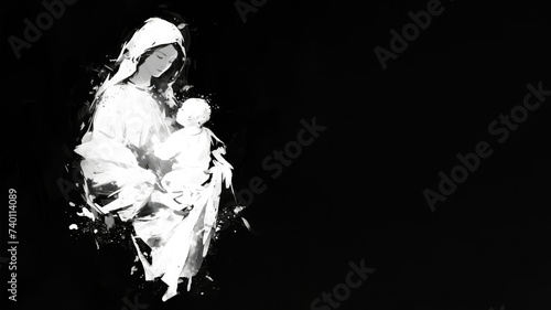 A white ink watercolor painting of the virgin mary and baby jesus isolated on black background