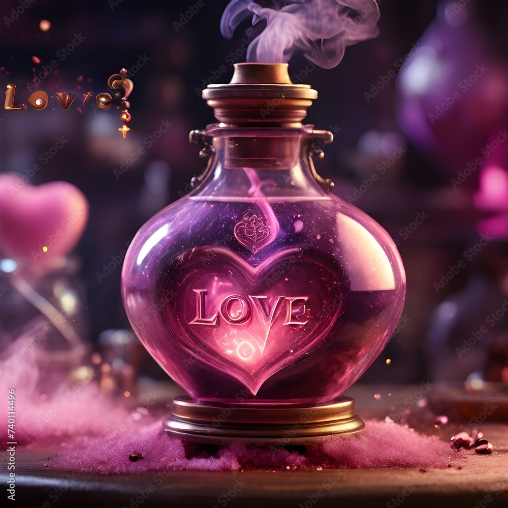 Closeup, a highly detailed love potion brewing in a magical alchemist's laboratory, heart shaped pink smoke, text Closeup, a highly detailed love potion brewing in a magical alchemist's laboratory, heart shaped pink smoke, text