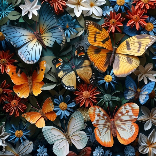 An artistic arrangement of lifelike paper butterflies with detailed wings  set among a backdrop of crafted paper flowers.