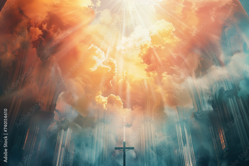 Holy Spirit. God rays. A slide background for showcasing Christian Religion. Background image. Created with Generative AI technology
