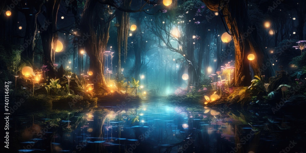 Enchanted Forest Illuminated by Lights Along Riverbank Generative AI