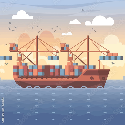 2d vector illustration colorful Land and sea transport techniques, methods and technological tools for transporting and shipping goods and products and logistic 

