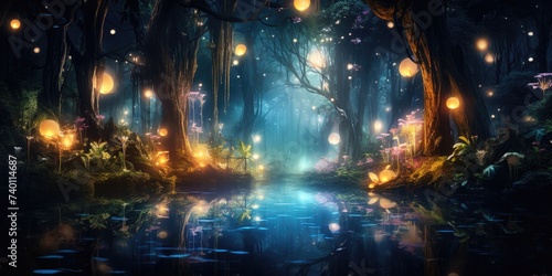 Enchanted Forest Illuminated by Lights Along Riverbank Generative AI © Johnathan