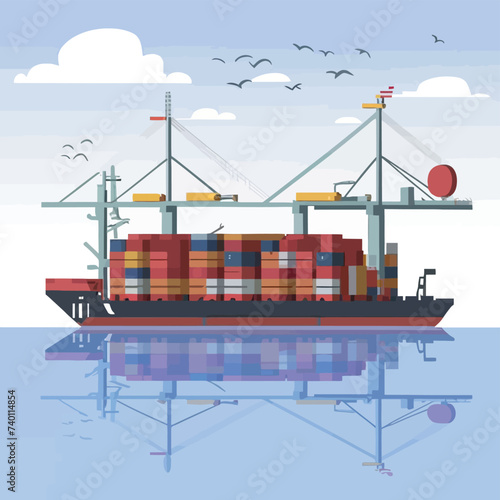 2d vector illustration colorful Land and sea transport techniques, methods and technological tools for transporting and shipping goods and products and logistic 

