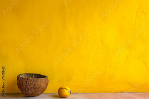 The yellow wall surface has an old and rough texture. And there is a coconut in the corner of the picture. There is space for entering text.