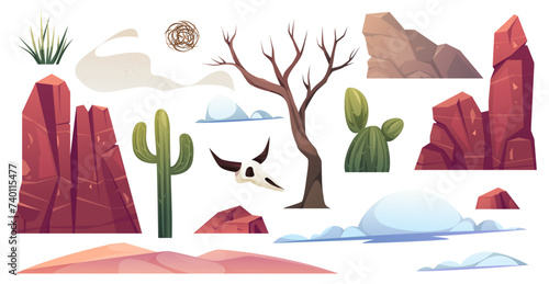 Wild west desert landscape elements for composition. Vector isolated mountain hills, cactus and dry tree. Bush and sand dunes, fluffy cloud and tumbleweed, skull of dead animal with horns