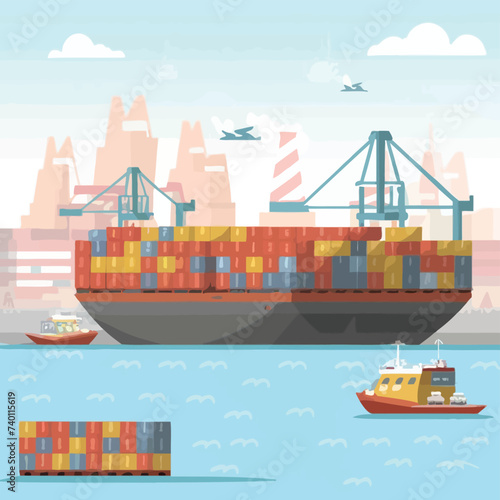 2d vector illustration colorful Land and sea transport techniques, methods and technological tools for transporting and shipping goods and products and logistic 

