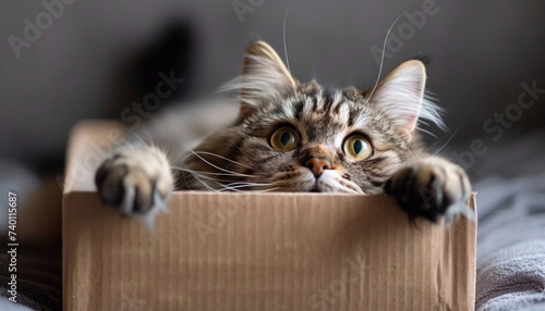 A cat trying to fit into a small box and looking utterly perplexed by the lack of space available for its majestic fluffiness photo