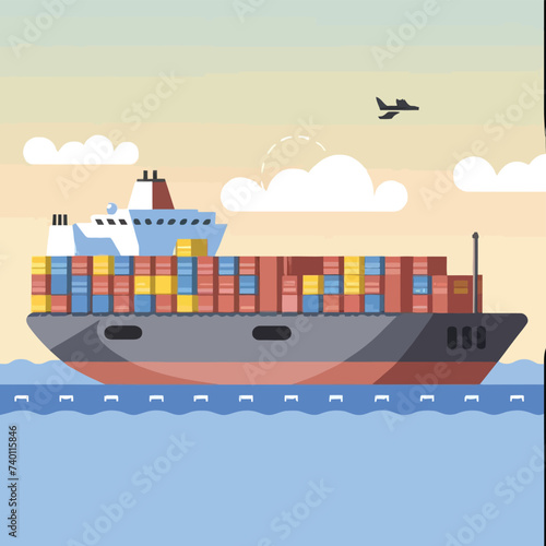 2d vector illustration colorful Land and sea transport techniques, methods and technological tools for transporting and shipping goods and products and logistic 


