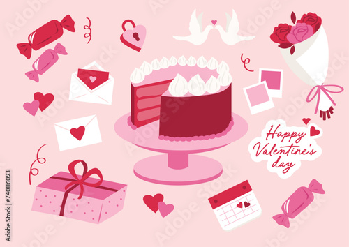 Illustrations inspirée de la Saint-Valentin, la fête de l'amour et des amoureux. Bouquets de fleur, gâteau, cadeau, amour.