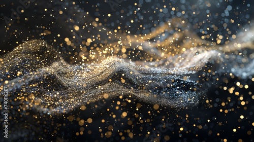 A cascade of shimmering gold and silver particles, creating a wave of sparkling light against a rich, velvet ombre background.