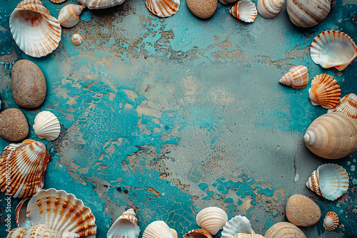 background made from shells, flotsam, stones; holiday feeling, sea sand