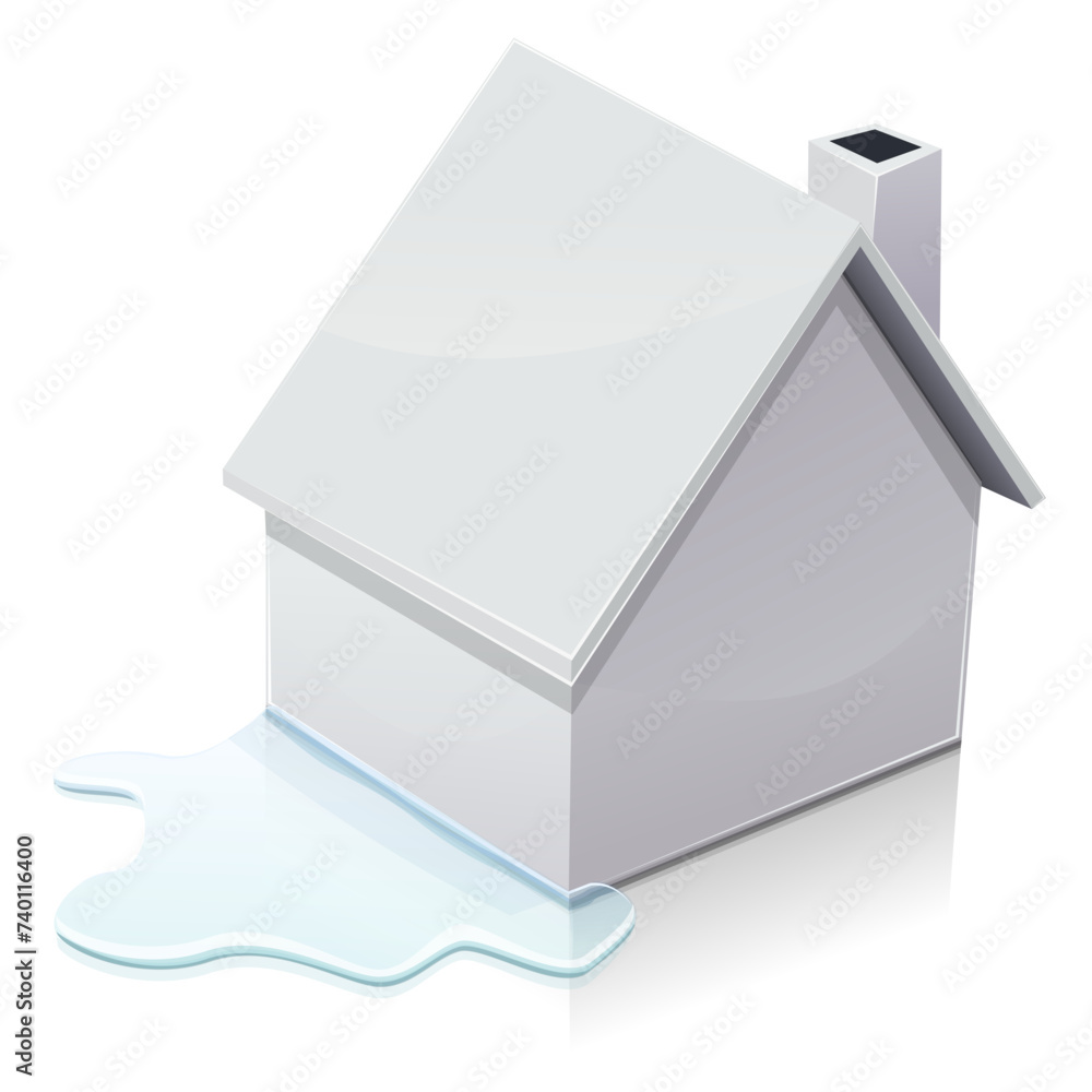 Simple white house isolated with a puddle caused by water damage (isolated, transparent) Simple white house isolated with a puddle caused by water damage (isolated, transparent)