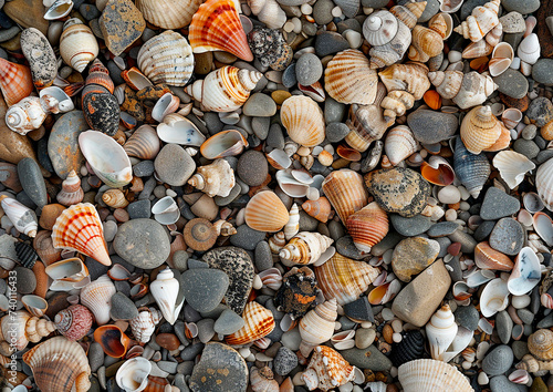 background made from shells, flotsam, stones; holiday feeling, sea sand