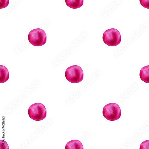Seamless pink polka dot pattern. Watercolor abstract background with bright pink circles for wrapping paper, textile, wallpaper