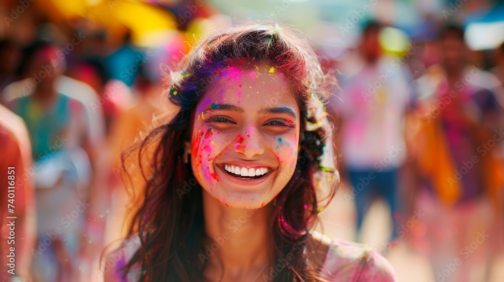 holi festival portrait of an Indian  woman with her face painted in colorful powder, vibrant powder paint explosion, joyous festival., horizontal background, copy space for text 