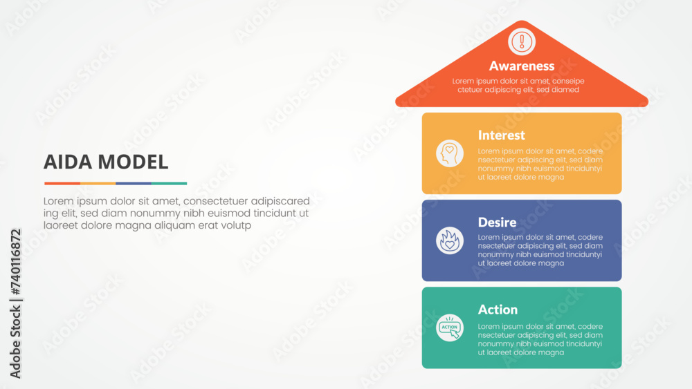 AIDA marketing model infographic concept for slide presentation with arrow top direction and box stack structure with 4 point list with flat style