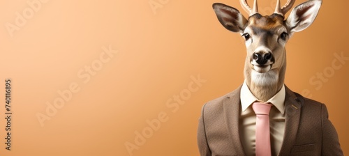 Anthropomorphic deer in business attire working in corporate setting, studio shot with copy space. © Ilja