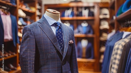 Elegant monochrome men s blue suit displayed on mannequin in contemporary boutique setting © Ilja