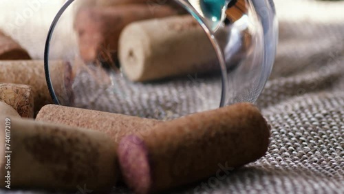 close-up of an empty overturned glass glass surrounded by wine corks on a textured fabric rotation. wine collection, alcohol addiction, bad habits photo