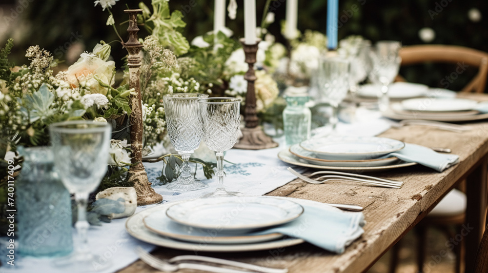 Fototapeta premium Table decor, holiday tablescape and dinner table setting in countryside garden, formal event decoration for wedding, family celebration, English country and home styling