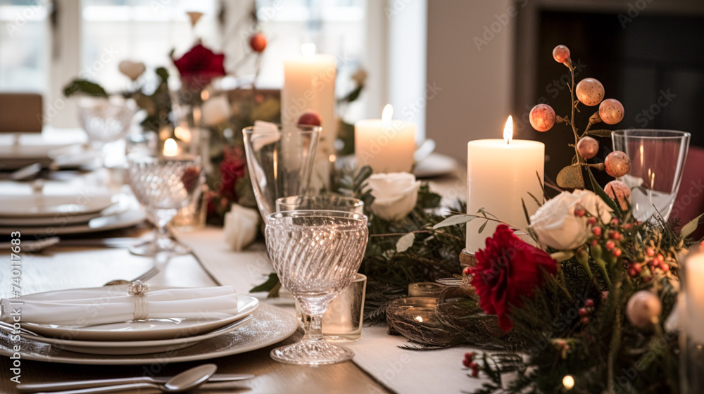 Table decor, holiday tablescape and formal dinner table setting for Christmas, holidays and event celebration, English country decoration and home styling Table decor, holiday tablescape and formal dinner table setting for Christmas, holidays and event celebration, English country decoration and home styling