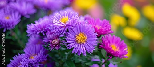 A stunning scene captures a burst of beauty as vibrant purple and yellow flowers bloom in a field.