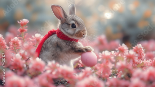 Whimsically cute Easter bunny with a red scarf hugging a pink Easter egg.