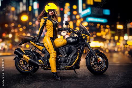 Caucasian woman riding motorcycle dressed in yellow leather suit wearing helmet and goggles surrounded by lights of metropolis bokeh, Generative IA