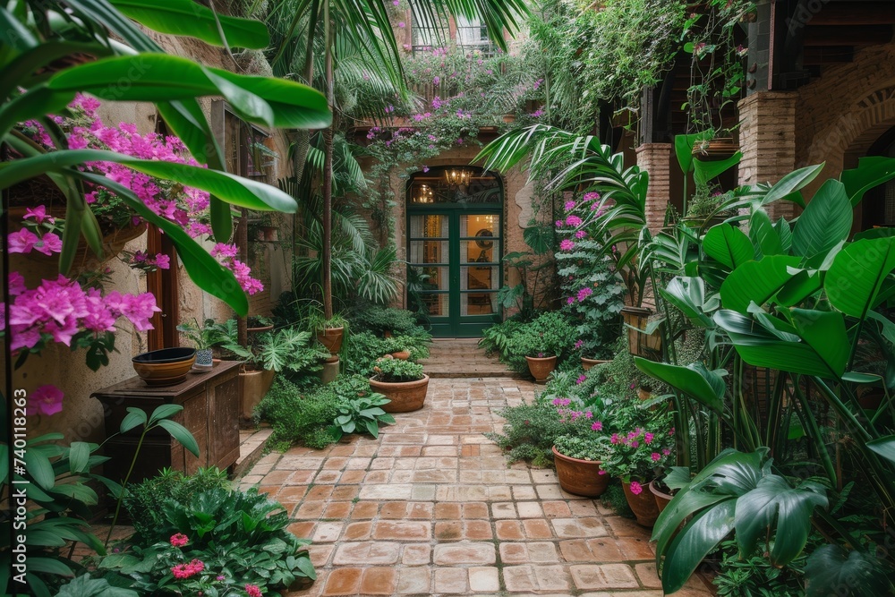 Patio garden overflowing with a variety of vibrant green plants, creating a serene and harmonious natural setting