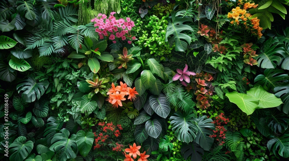 A vibrant green wall adorned with a colorful array of flowers in different shapes, sizes, and hues, creating a stunning botanical spectacle