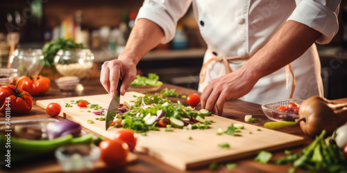 Fresh vegetable salad preparation: A professional chef's hands cutting organic ingredients on a wooden chopping board in a kitchen. photo