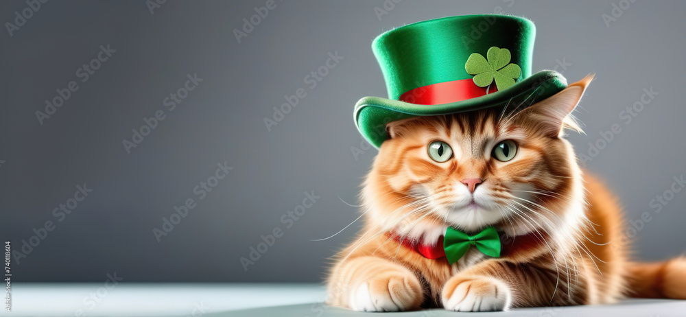 Funny cat full body in a tall green hat St. Patrick's day copy space banner white grey background fluffy feline green eyes red brown Funny cat full body in a tall green hat St. Patrick's day copy space banner white grey background fluffy feline green eyes red brown