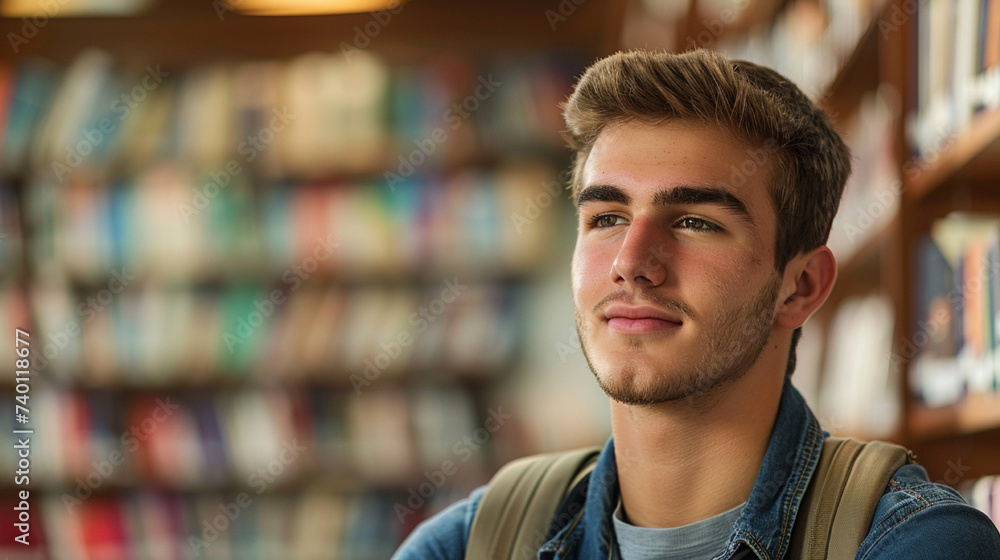 Portrait of a young man in a library looking at the camera Portrait of a young man in a library looking at the camera
