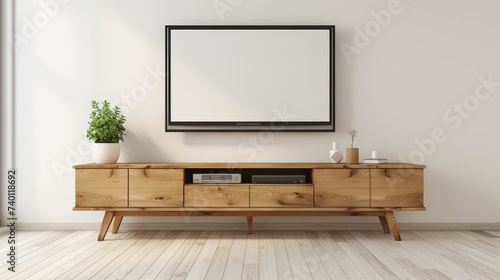 Blank poster frame mockup on white wall in living room with wooden sideboard and small green plant