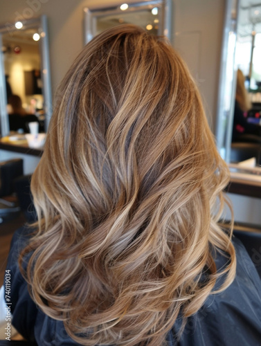 back view of a woman with long brown hair in a beauty salon