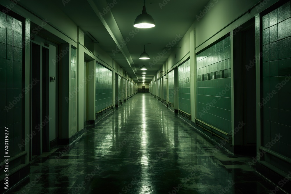 Deep hospital corridor, detail of a corridor in a hospital