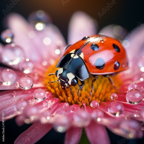 Closeup beautiful ladybug on fresh flower background
